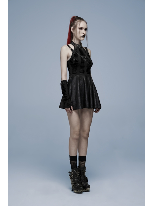 Goth Knitting And Mesh Stitching Metal Belt Decoration Skirt Print Pattern Sexy Cut Dress