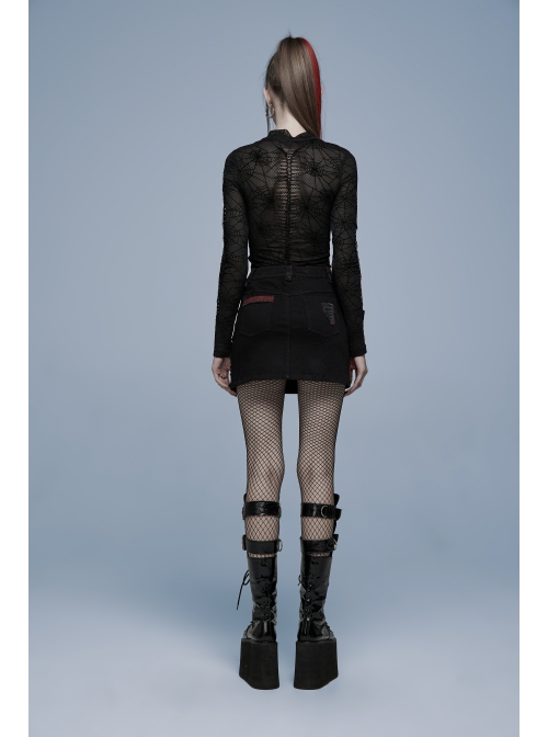Gothic Denim Fabric Buttonhole Decorative Belt Worn-Out And Decadent Skirt