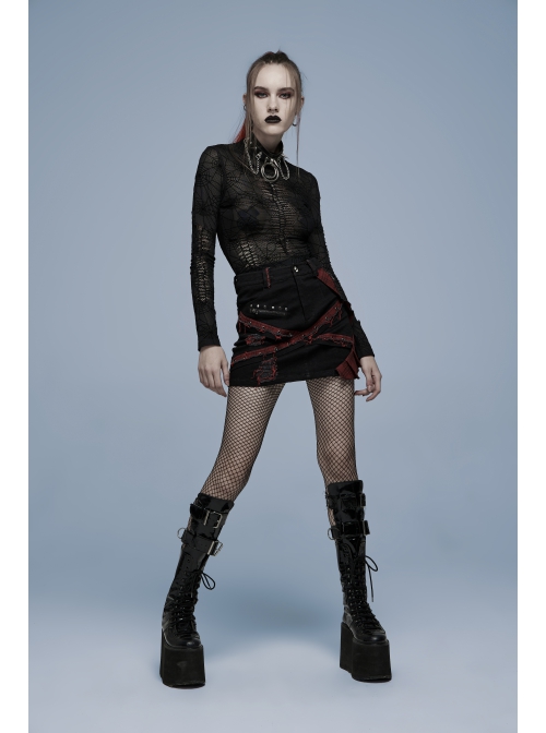 Gothic Denim Fabric Buttonhole Decorative Belt Worn-Out And Decadent Skirt