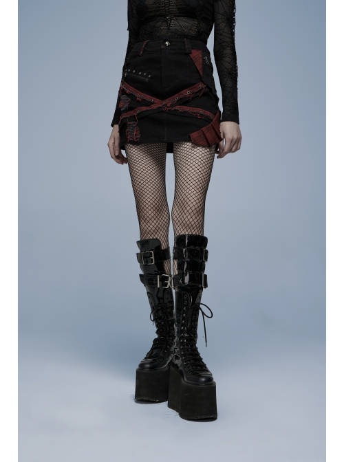Gothic Denim Fabric Buttonhole Decorative Belt Worn-Out And Decadent Skirt