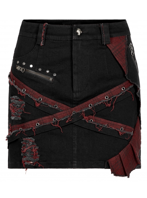 Gothic Denim Fabric Buttonhole Decorative Belt Worn-Out And Decadent Skirt