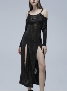 Gothic Off-Shoulder Design Python Pattern Hardware Decoration Sexy Split Dress