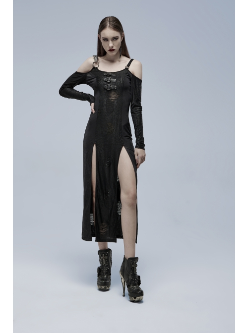 Gothic Off-Shoulder Design Python Pattern Hardware Decoration Sexy Split Dress