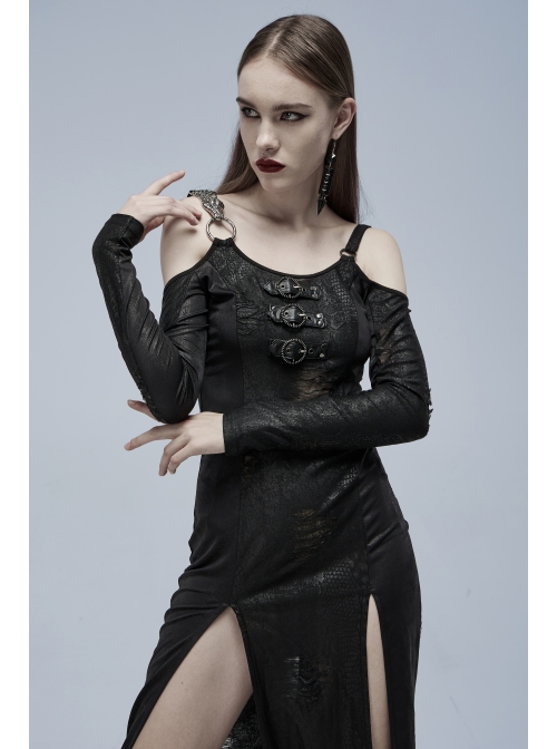 Gothic Off-Shoulder Design Python Pattern Hardware Decoration Sexy Split Dress