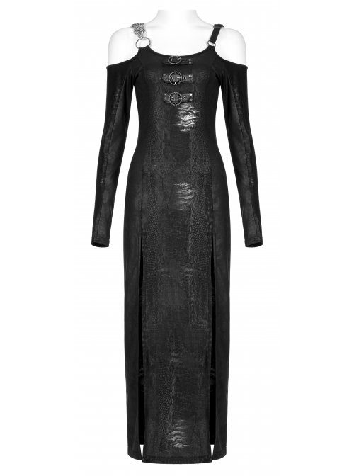 Gothic Off-Shoulder Design Python Pattern Hardware Decoration Sexy Split Dress