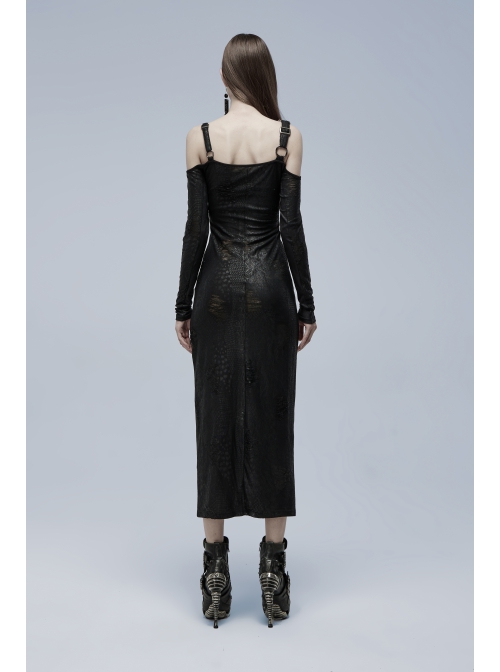 Gothic Off-Shoulder Design Python Pattern Hardware Decoration Sexy Split Dress
