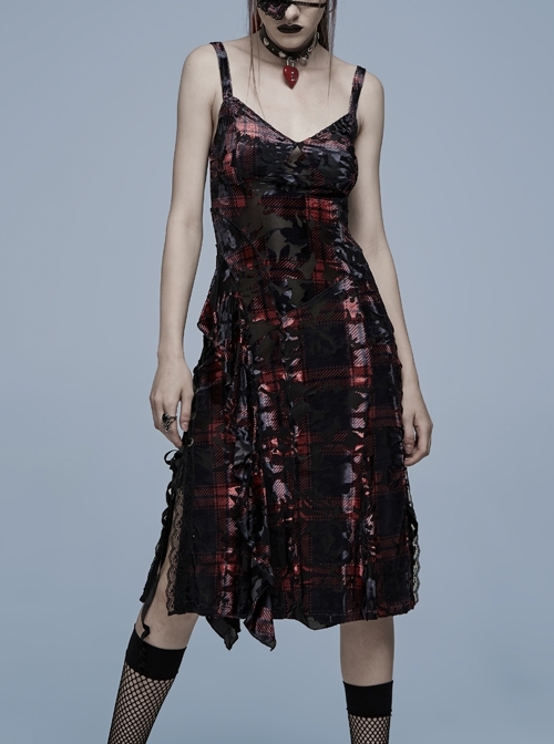 Gothic Velvet Plaid Dark Red Folds Drawstring Slit Design Slip Dress
