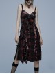 Gothic Velvet Plaid Dark Red Folds Drawstring Slit Design Slip Dress