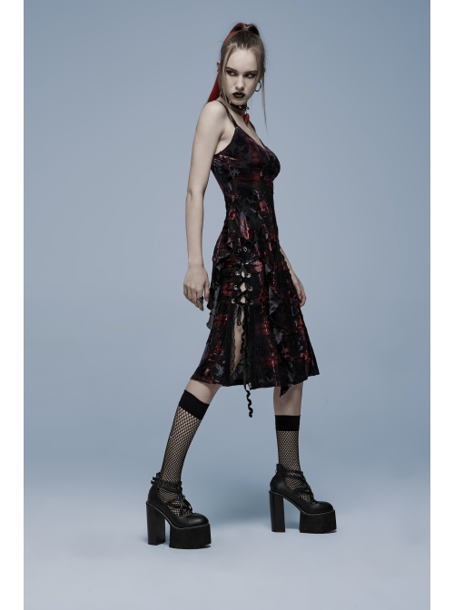 Gothic Velvet Plaid Dark Red Folds Drawstring Slit Design Slip Dress