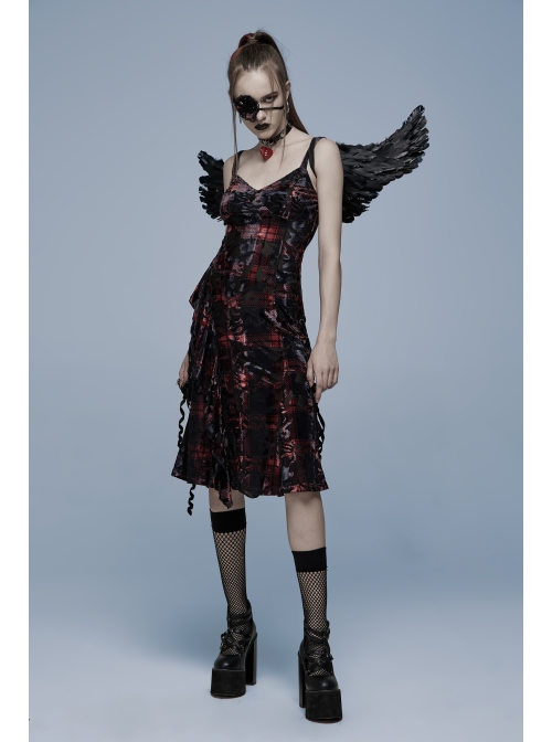 Gothic Velvet Plaid Dark Red Folds Drawstring Slit Design Slip Dress