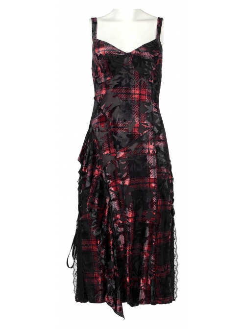 Gothic Velvet Plaid Dark Red Folds Drawstring Slit Design Slip Dress