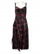 Gothic Velvet Plaid Dark Red Folds Drawstring Slit Design Slip Dress