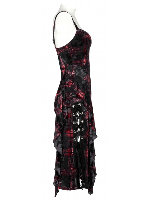 Gothic Velvet Plaid Dark Red Folds Drawstring Slit Design Slip Dress