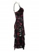 Gothic Velvet Plaid Dark Red Folds Drawstring Slit Design Slip Dress