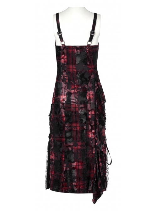 Gothic Velvet Plaid Dark Red Folds Drawstring Slit Design Slip Dress