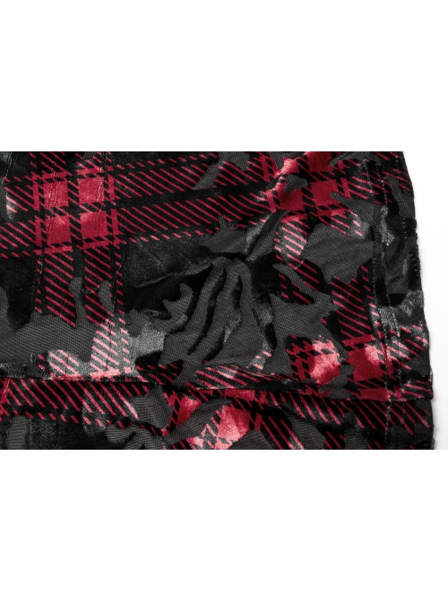 Gothic Velvet Plaid Dark Red Folds Drawstring Slit Design Slip Dress