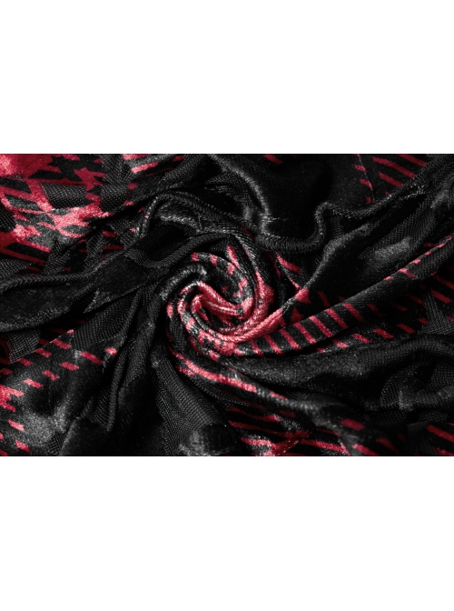 Gothic Velvet Plaid Dark Red Folds Drawstring Slit Design Slip Dress