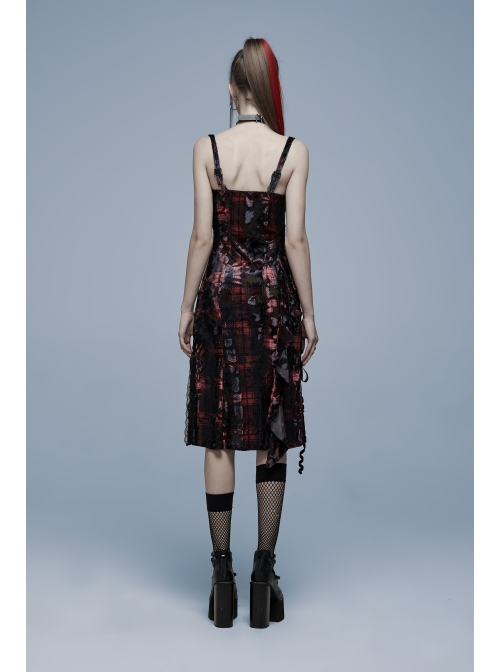 Gothic Velvet Plaid Dark Red Folds Drawstring Slit Design Slip Dress