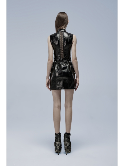 Black Gothic Lacquered Buttonhole Belt Decoration Patent Leather Hollowed Out Dress