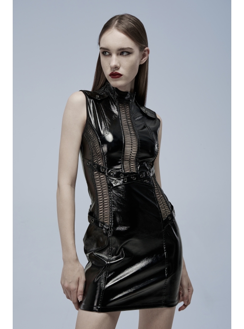 Black Gothic Lacquered Buttonhole Belt Decoration Patent Leather Hollowed Out Dress