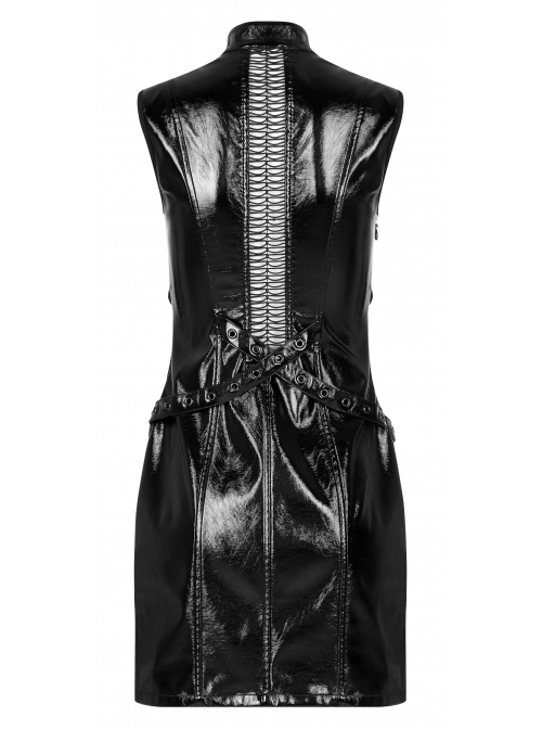 Black Gothic Lacquered Buttonhole Belt Decoration Patent Leather Hollowed Out Dress