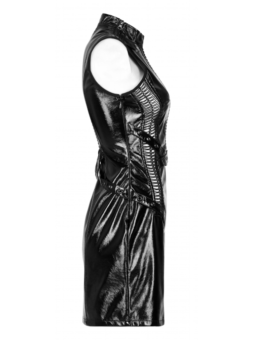 Black Gothic Lacquered Buttonhole Belt Decoration Patent Leather Hollowed Out Dress