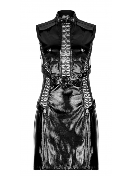 Black Gothic Lacquered Buttonhole Belt Decoration Patent Leather Hollowed Out Dress