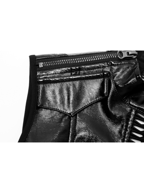Black Gothic Lacquered Buttonhole Belt Decoration Patent Leather Hollowed Out Dress