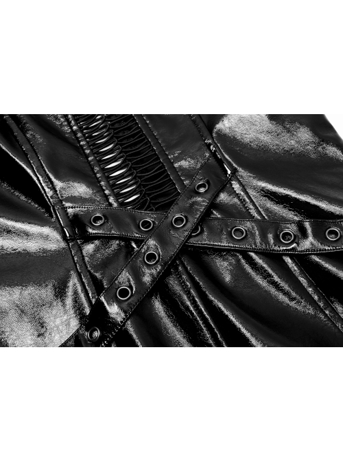 Black Gothic Lacquered Buttonhole Belt Decoration Patent Leather Hollowed Out Dress
