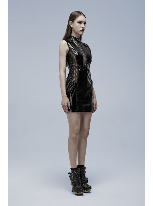 Black Gothic Lacquered Buttonhole Belt Decoration Patent Leather Hollowed Out Dress