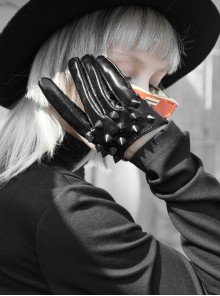 Stretch Patent Leather Black Rivet Design Punk Half-Palm Gloves