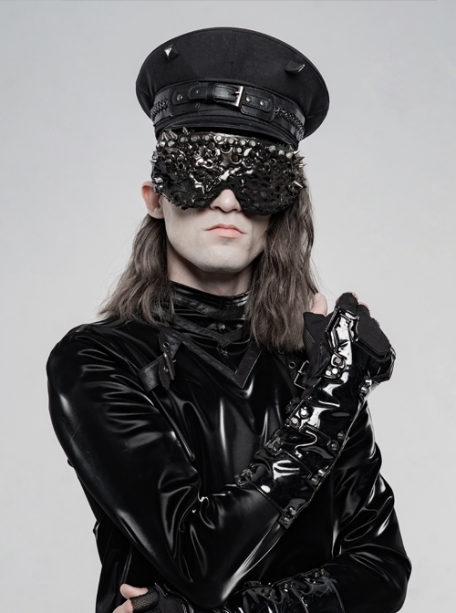 Non-Stretch Woven Fabric Devil Horn Nail Leather Buckle Decoration Punk Military Hat