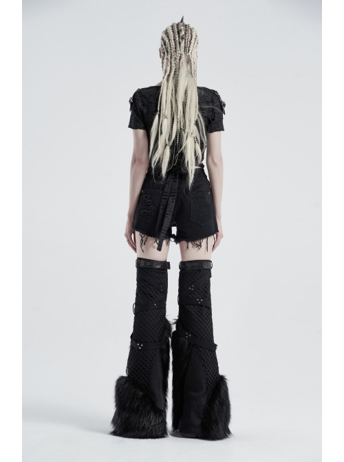 Black Punk Artificial Wool Rubber Cross Webbing Band Decoration Leg Warmer