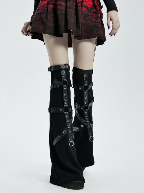 Punk Girls Knitted Fabric Stitching Weaved Flame Printing Fabric Bat Asymmetrical Design Flared Leg Sleeve