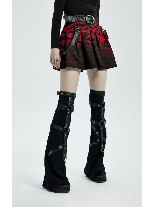 Punk Girls Knitted Fabric Stitching Weaved Flame Printing Fabric Bat Asymmetrical Design Flared Leg Sleeve