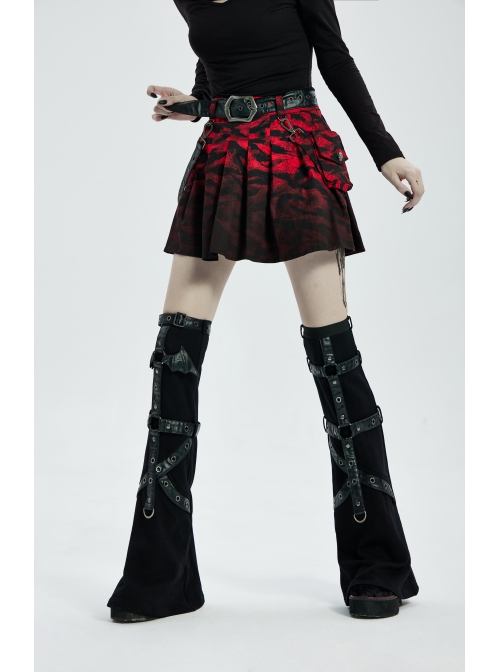 Punk Girls Knitted Fabric Stitching Weaved Flame Printing Fabric Bat Asymmetrical Design Flared Leg Sleeve
