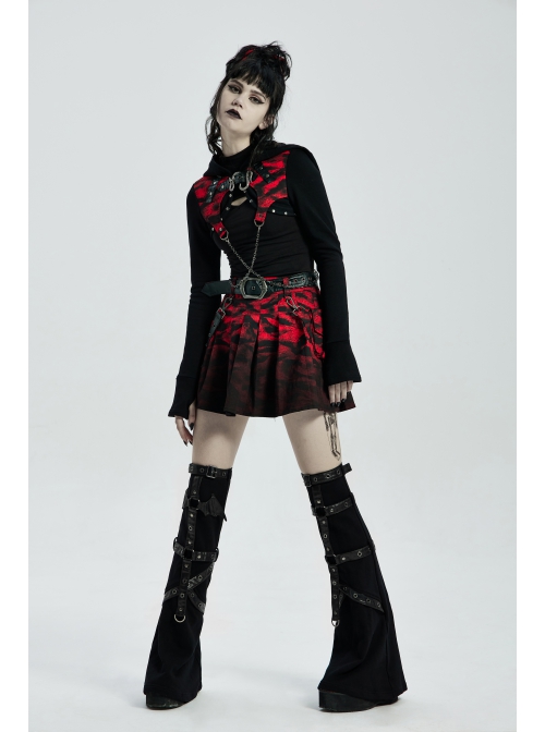 Punk Girls Knitted Fabric Stitching Weaved Flame Printing Fabric Bat Asymmetrical Design Flared Leg Sleeve