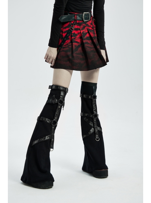 Punk Girls Knitted Fabric Stitching Weaved Flame Printing Fabric Bat Asymmetrical Design Flared Leg Sleeve