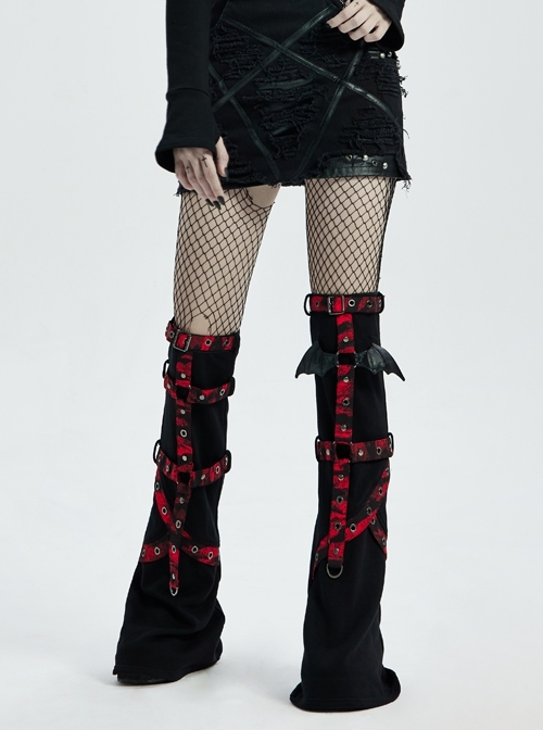 Punk Girls Knitted Fabric Stitching Weaved Flame Printing Fabric Bat Asymmetrical Design Flared Leg Sleeve