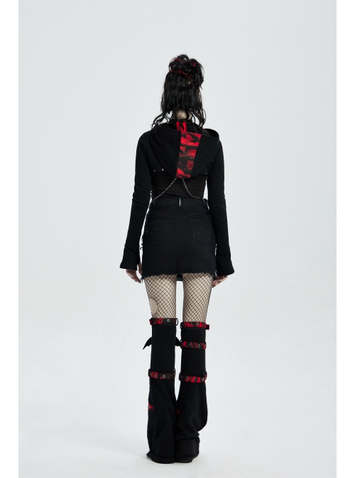 Punk Girls Knitted Fabric Stitching Weaved Flame Printing Fabric Bat Asymmetrical Design Flared Leg Sleeve