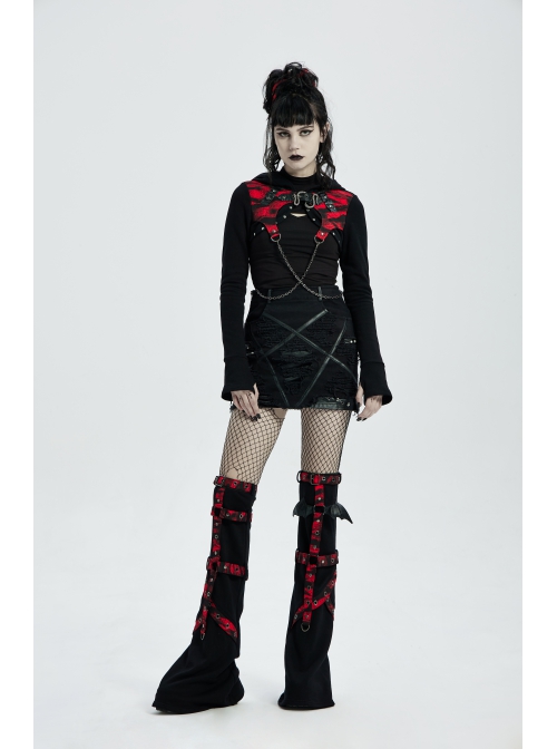 Punk Girls Knitted Fabric Stitching Weaved Flame Printing Fabric Bat Asymmetrical Design Flared Leg Sleeve