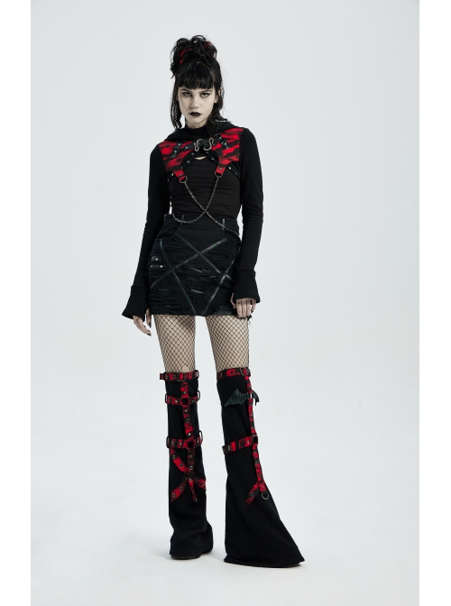 Punk Girls Knitted Fabric Stitching Weaved Flame Printing Fabric Bat Asymmetrical Design Flared Leg Sleeve