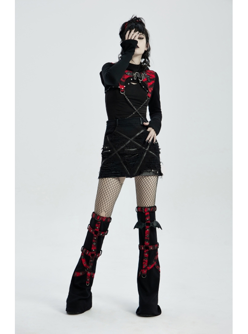 Punk Girls Knitted Fabric Stitching Weaved Flame Printing Fabric Bat Asymmetrical Design Flared Leg Sleeve