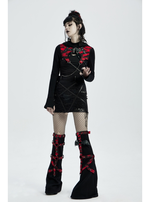 Punk Girls Knitted Fabric Stitching Weaved Flame Printing Fabric Bat Asymmetrical Design Flared Leg Sleeve