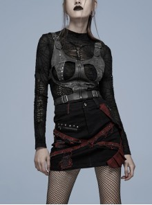 Punk Dark-Grain Woven Design Adjustable Belt Hollow-Out Vest