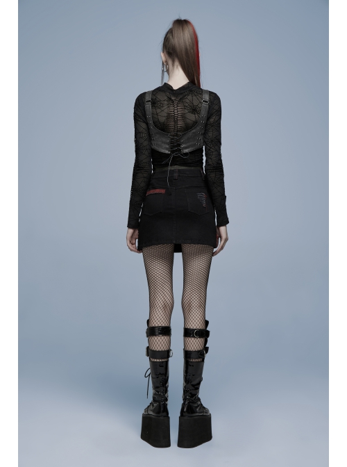 Punk Dark-Grain Woven Design Adjustable Belt Hollow-Out Vest