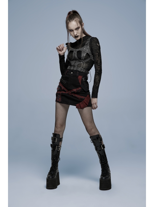 Punk Dark-Grain Woven Design Adjustable Belt Hollow-Out Vest