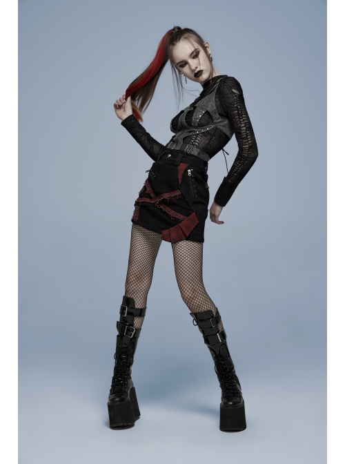Punk Dark-Grain Woven Design Adjustable Belt Hollow-Out Vest