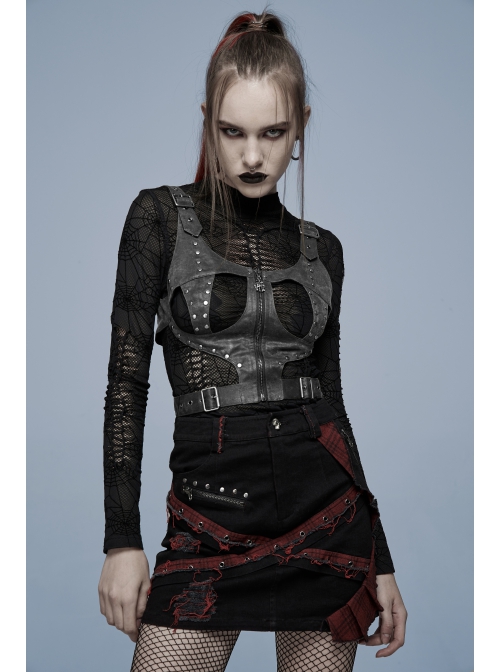 Punk Dark-Grain Woven Design Adjustable Belt Hollow-Out Vest