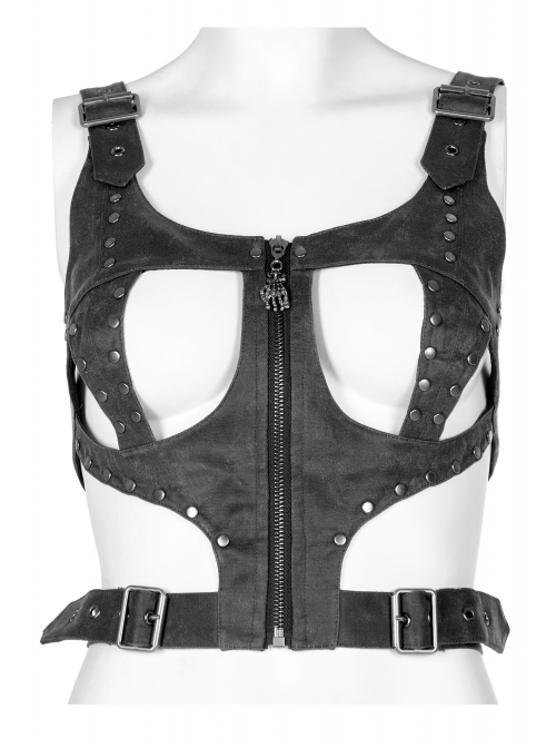 Punk Dark-Grain Woven Design Adjustable Belt Hollow-Out Vest